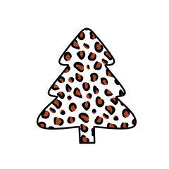 Christmas trees with leopard print. Collection of Christmas tree with leopard pattern, leopard skin. Colorful illustration of New Year design for banner, postcard, greeting card. Vector illustration.