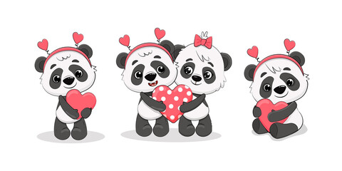 Set of cute cartoon pandas isolated on white.Panda with heart for your design Valentine's Day, birthday, Mother's Day, wedding. Vector illustration
