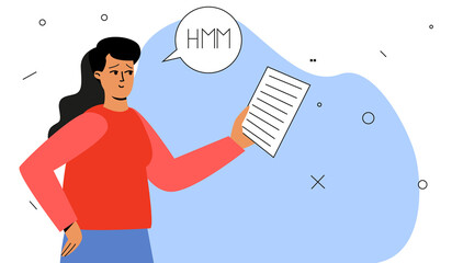 The woman looks thoughtfully at the documents. A woman with documents in her hands, an office worker. Vector illustration