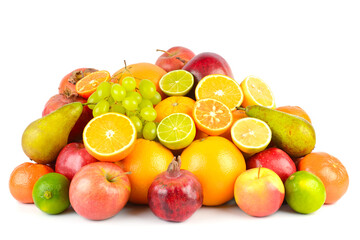 Big pile bright healthy fruits isolated on white