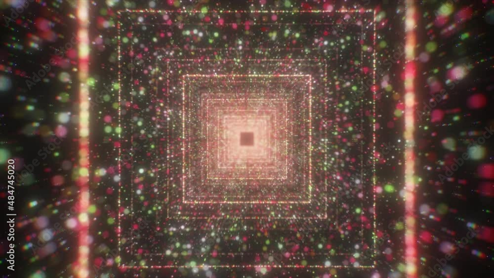 Poster infinite light in the end of the square shaped tunnel of glowing dots and particles. motion. cyber t