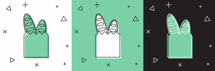 Set French baguette bread icon isolated on white and green, black background. Vector