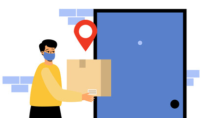 A courier in a medical mask delivers a package to the door. Contactless delivery. Delivery of parcels, food, goods. Vector illustration