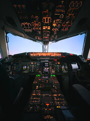 Flight deck photograph of airliner. Professional flight environment. 