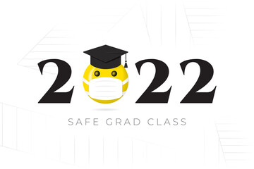 Class of 2022 Numerals Logo and Safe Graduation Lettering with Halftone Style Smiling Face Protected with Medical Mask - Yellow and Black on White Background - Mixed Graphic Design