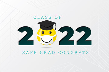 Class of 2022 Numerals Logo with Smiling Face Protected with Medical Mask and Safe Graduation Congratulations Lettering - Yellow and Black on Grey Background - Mixed Graphic Design.