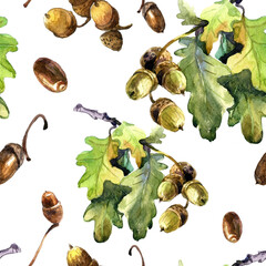 Acorns on an autumn oak branch, seamless watercolor pattern. - 484745611