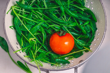 Fresh colorful spring vegetable salad with cherry tomatoes and sweet peppers. Healthy vegan lunch