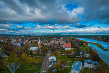 Aerial panoramic view of SPA resort Birstonas city in Lithuania on Nemunas shore