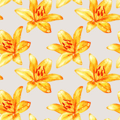 Watercolor seamless pattern, lily flowers in dewdrops. - 484746000