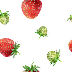 Watercolor seamless strawberry pattern. Strawberry garden, botanical illustration, pattern of bushes and berries. - 484746002