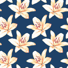 Watercolor seamless pattern, lily flowers in dewdrops. - 484746216