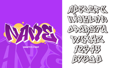 Vector graffiti font. Graffiti style alphabet letters and numbers with outline and shadow. Hip hop culture element. Easy to recolor. Ideal for emblem design, posters, header. © alexandertrou