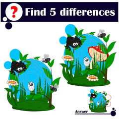 Educational game: Find differences. The spider caught a fly in its web