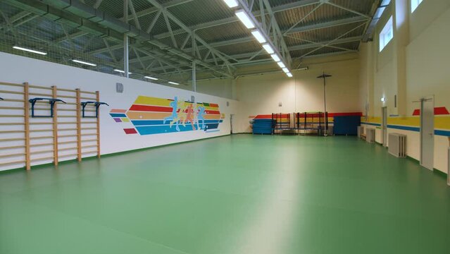 Modern empty gym hall with wall bars inspiring image of athletes and empty green floor at children sports school