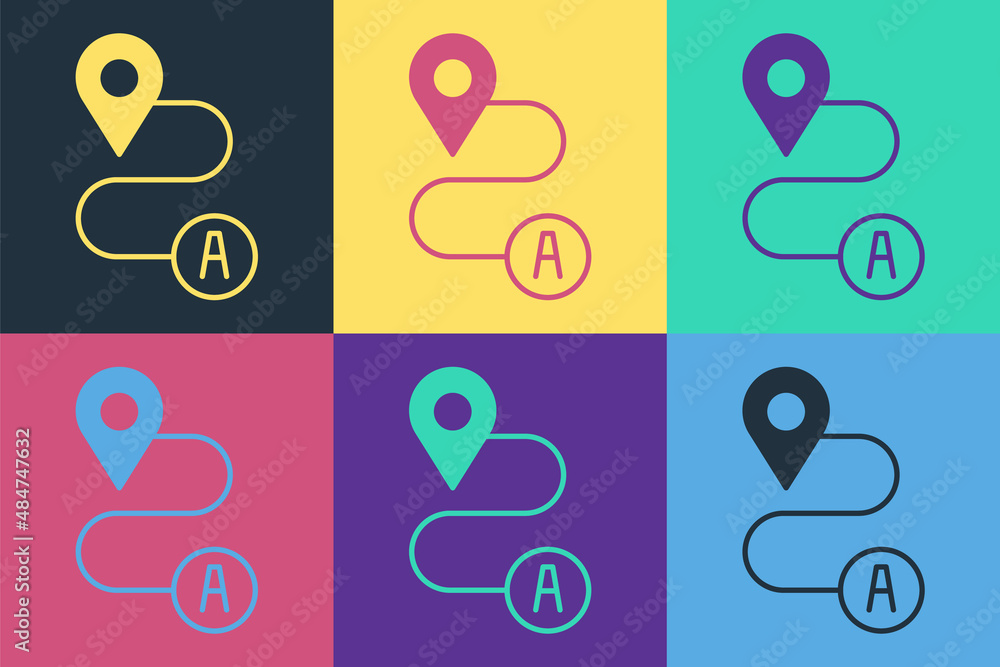 Aufkleber pop art route location icon isolated on color background. map pointer sign. concept of path or road.