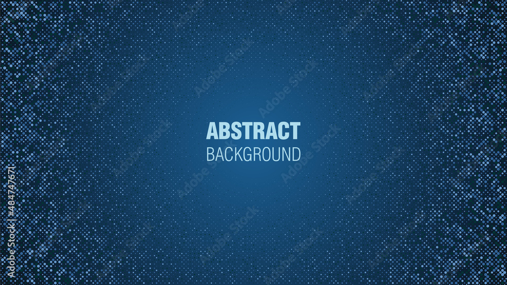 Poster abstract blue halftone circles technology pattern consists of different dots isolated on dark backgr
