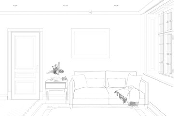 Sketch of the room with a blank horizontal poster above a sofa near the window, a vase of flowers on a bedside table near the door, a carpet on the parquet floor. Front view. 3d render