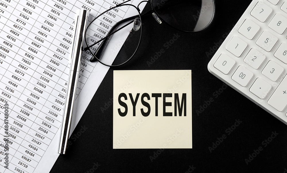 Poster concept system message on sticker with glasses,chart and calculator on the black background