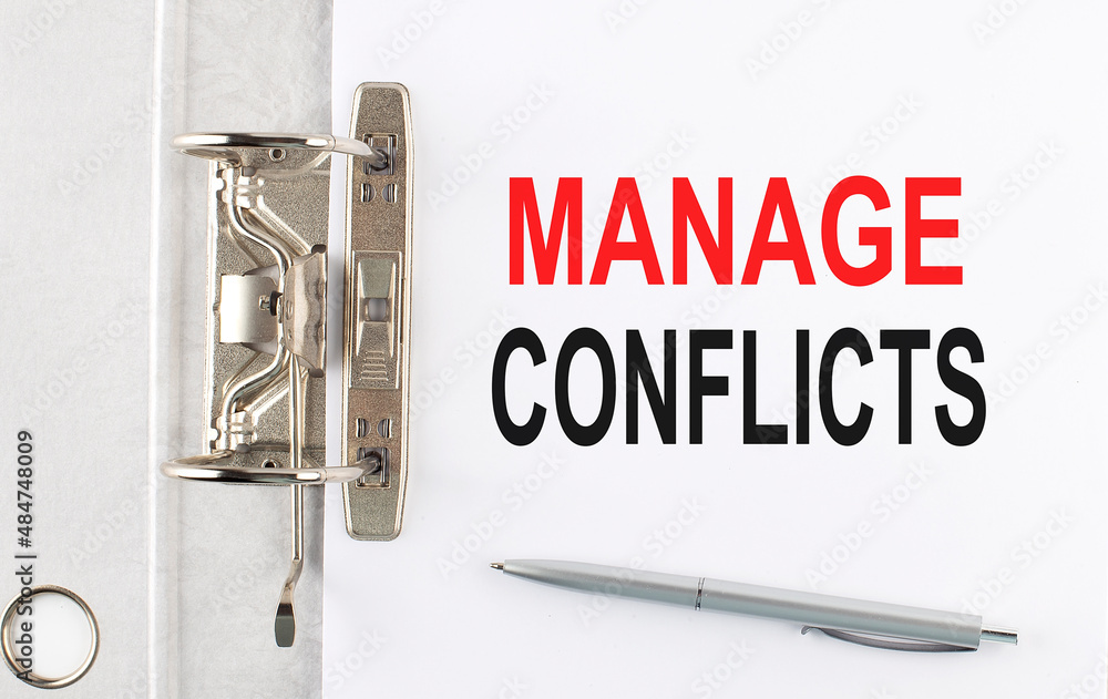 Poster manage conflicts text on the paper folder with pen. business concept