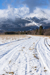 Cross-country track in winter under High Tatras, Slovakia.