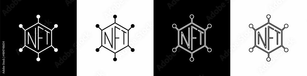 Poster set nft blockchain technology icon isolated on black and white background. non fungible token. digit