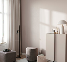 Light minimalistic interior with a chest of drawers and poufs