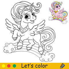 Coloring with template cute flying unicorn vector illustration © alinart