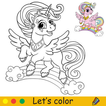 Coloring with template cute flying unicorn vector illustration