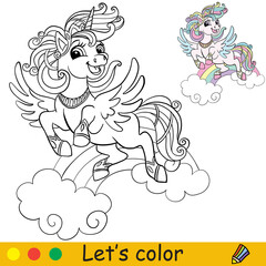 Coloring with template cute unicorn head vector illustration © alinart