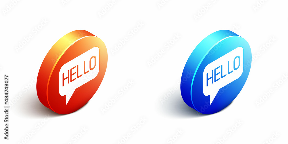 Poster isometric hello in different languages icon isolated on white background. speech bubbles. orange and