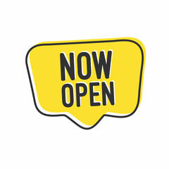 Now open. Hand drawn speech bubble. Vector icon illustration on white background.