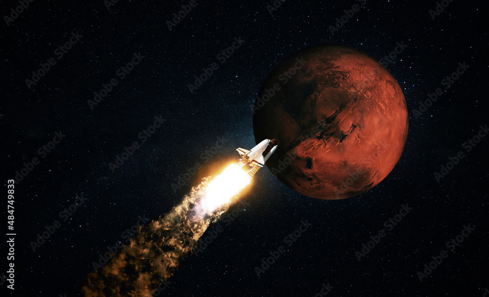 Poster rocket flies to the red planet mars. shuttle spacecraft successfully takes off into starry space wit