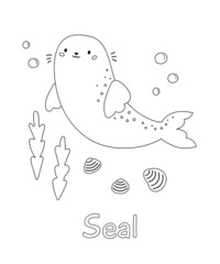 Coloring page with cute seal. Cartoon arctic sea animal. Learn english words for children. Black and white outline vector illustration.