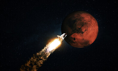 Rocket flies to the red planet Mars. Shuttle spacecraft successfully takes off into starry space...