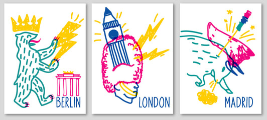 Doodle posters of various symbol cities © Dina