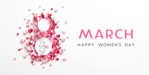 Obraz premium Women's Day greeting card or banner with pink cut eight number and flying paper hearts. Vector 8 March international holiday poster template