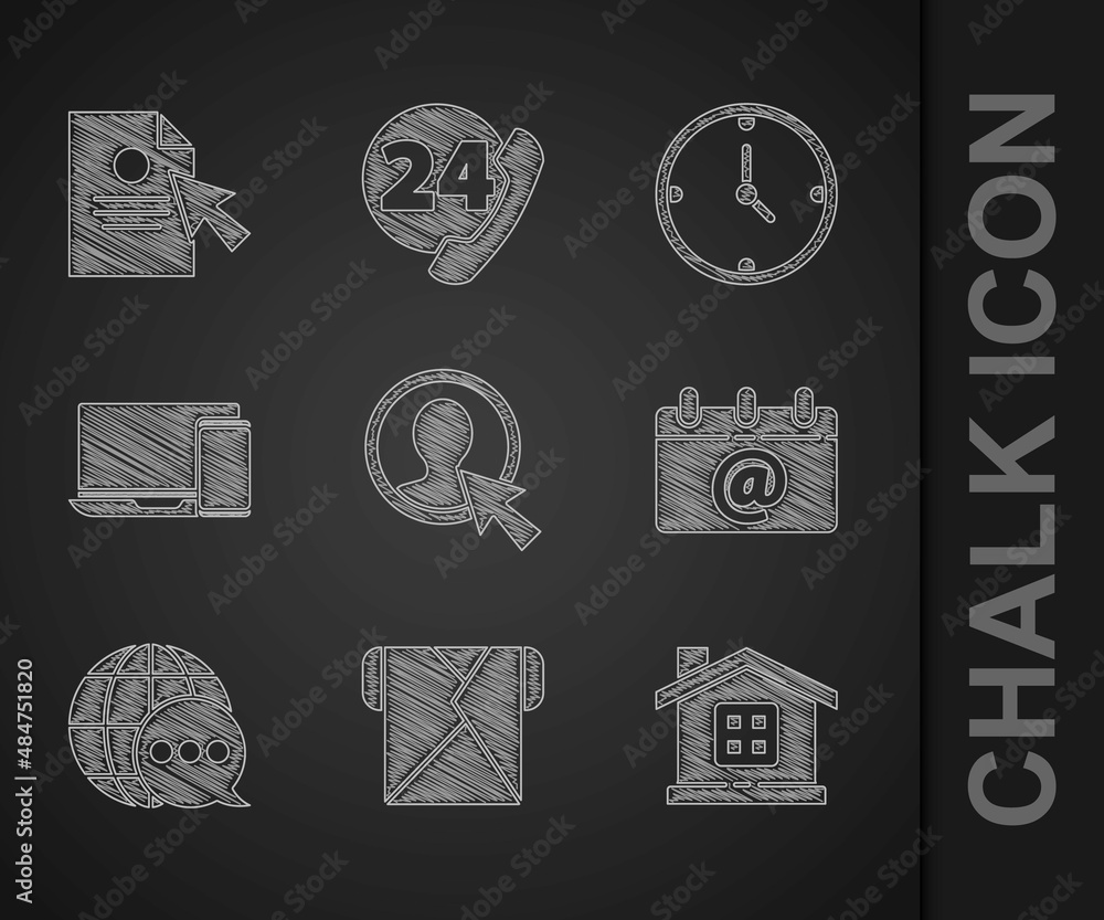 Aufkleber set create account screen, envelope, house, calendar with email, world map made from speech bubble, 