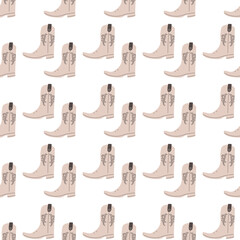 Cowboy boots with ornament seamless pattern. Wild west theme. Hand drawn colored trendy vector illustration on white background