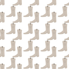 Cowboy boots with ornament seamless pattern. Wild west theme. Hand drawn colored trendy vector illustration on white background