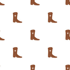 Cowboy boots with ornament seamless pattern. Wild west theme. Hand drawn colored trendy vector illustration on white background