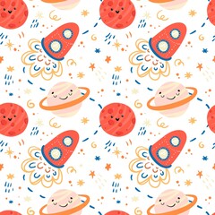 Seamless children cartoon space pattern with rockets, planets, stars and universe over the white background. Creative nursery background in scandinavian style. Perfect for kids design,textile. Vector