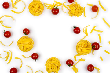 Flat lay of italian pasta Tagliatelle or Fettuccine with cherry tomatoes on white background, top...