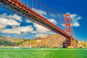 Red San Francisco Golden Gate under a blue summer sky, California