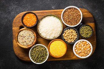 Gluten free food, cereals. Rice, buckwheat, corn, lentils, soy beans and quinoa. Allergen free. Top view with copy space.