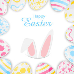Happy easter greeting card with colorful eggs and rabbit ears