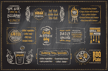 Barbecue menu chalkboard template, menu board with BBQ symbols and dishes lettering - obrazy, fototapety, plakaty