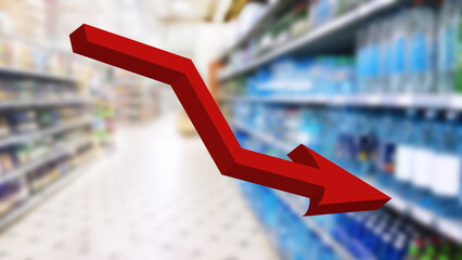 Red down arrow sign on abstract blur image of supermarket background. Bar charts and graphs. Price grocery rises. Inflation concept. Decreasing retail industry business. Finance and Economy. Store.