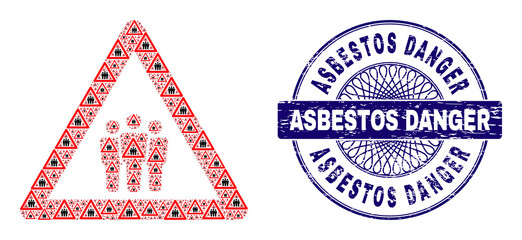 Recursion collage people warning and Asbestos Danger round scratched seal. Blue seal includes Asbestos Danger caption inside circle and guilloche ornament.