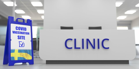 Obraz premium Coronavirus vaccination site signboard with flag of Sweden. 3D rendering